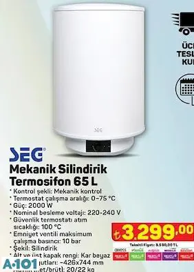 SEG MEKANİK SİLİNDİRİK TERMOSİFON 65 L SEG MEKANİK SİLİNDİRİK TERMOSİFON 65 L